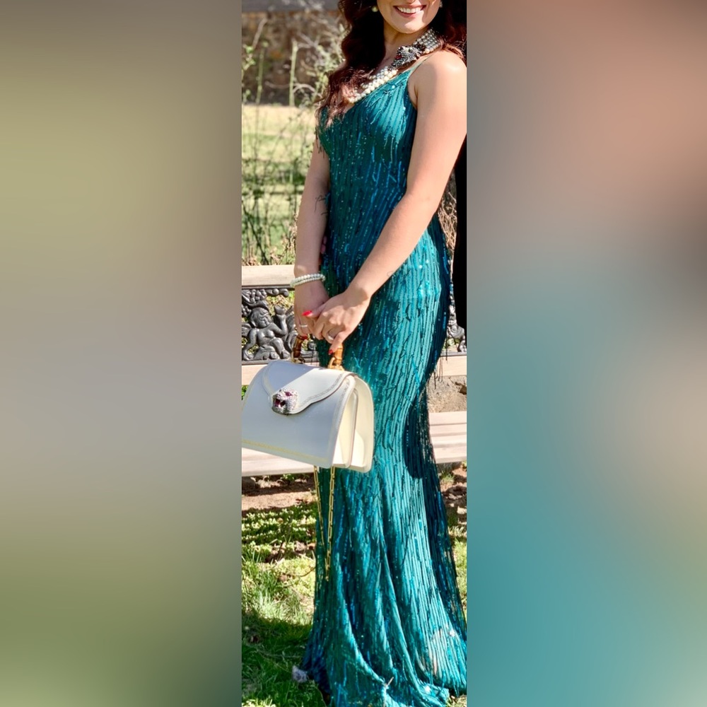 Emerald green formal dress. Floor length, v-neck, sheath style. Worn once
